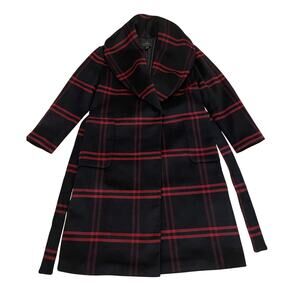 Ann Taylor Wool Blend Plaid Long Coat | Double Breasted Black Gray Red NWOT $300